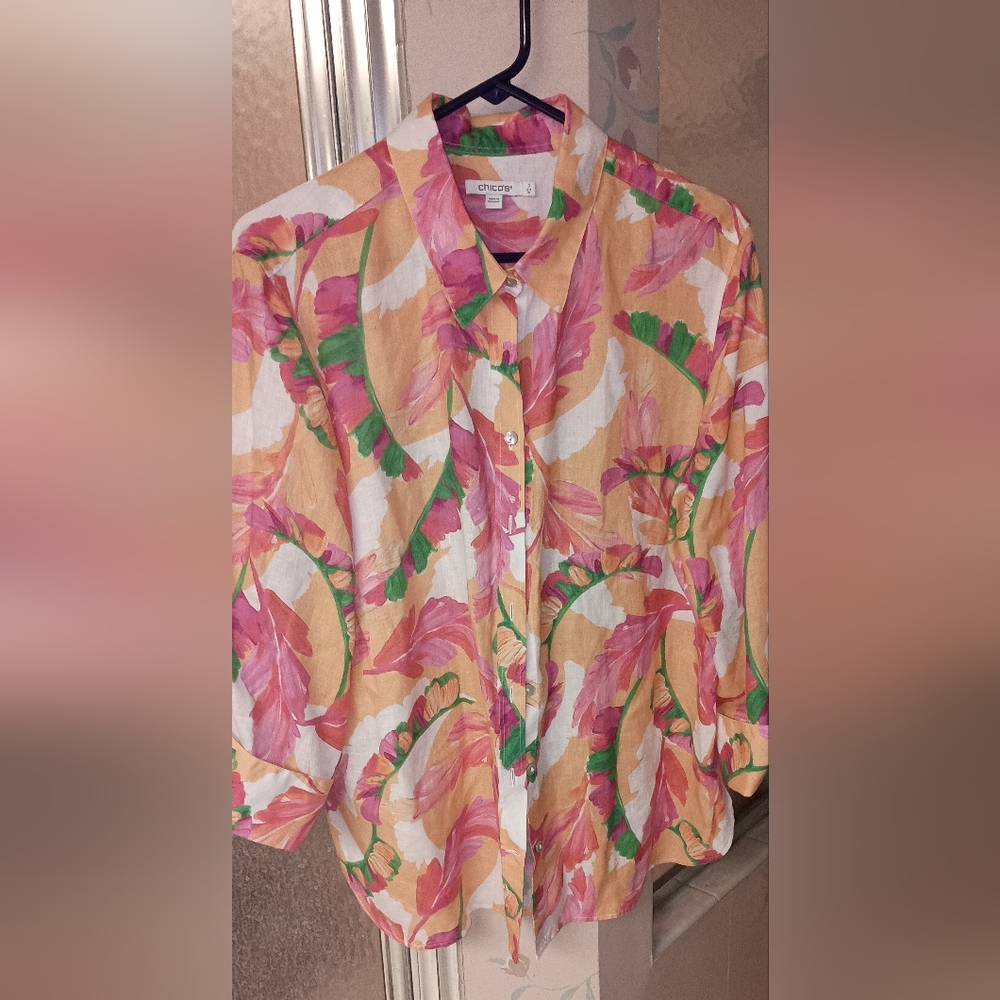 Chico's Multicolor Floral Blouse Linen Size 3